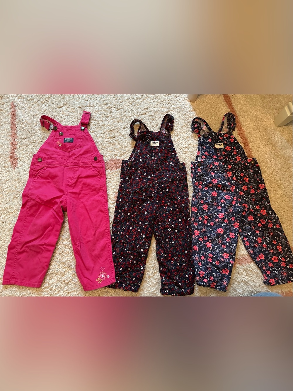 Three pairs vintage Oshkosh B’gosh 24 month girls overalls